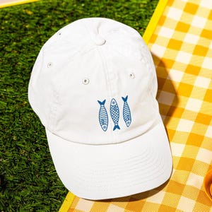 Blue Sardines Embroidered Hat Tinned Fish Dad Cap Coastal Fisherman Aesthetic Nautical Summer Style Vintage Mediterranean Outfit