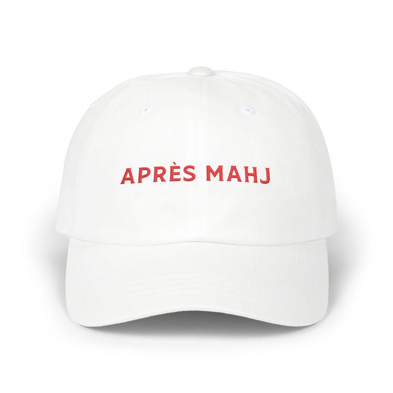 Apres Mahj Baseball Cap, Embroidered Mahjong Hat, Classic Cap for Mahjong Enthusiasts, Game Nights, Mahjong Player Gift White