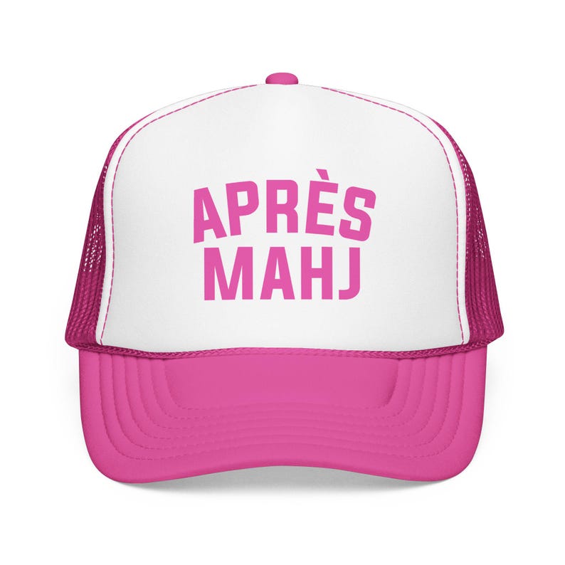 Apres Mahj Trucker Hat, Mahjong Trucker Cap, Retro Foam Mesh Hat, Mahjong Gift for Her, Game Night Hat, Mahj Squad Gift, Funny Mahjong Hat Hot Pink/ White/ Hot Pink