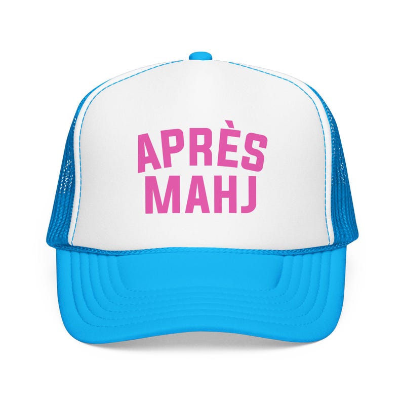 Apres Mahj Trucker Hat, Mahjong Trucker Cap, Retro Foam Mesh Hat, Mahjong Gift for Her, Game Night Hat, Mahj Squad Gift, Funny Mahjong Hat Blue/White