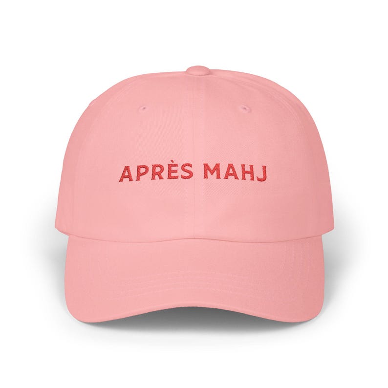 Apres Mahj Baseball Cap, Embroidered Mahjong Hat, Classic Cap for Mahjong Enthusiasts, Game Nights, Mahjong Player Gift Pink
