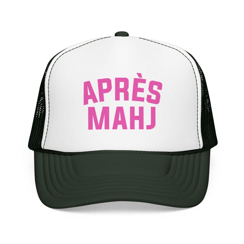 Apres Mahj Trucker Hat, Mahjong Trucker Cap, Retro Foam Mesh Hat, Mahjong Gift for Her, Game Night Hat, Mahj Squad Gift, Funny Mahjong Hat Dark Green / White / Dark Green