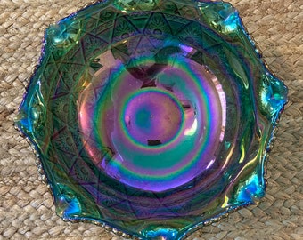 Teal Green vintage Iridescent Carnival Glass Bowl