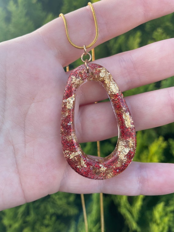 Gold Leaf Red Glitter Necklace | Etsy