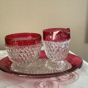 Indiana Glass cream and sugar, ruby red, flash diamond point cream and sugar