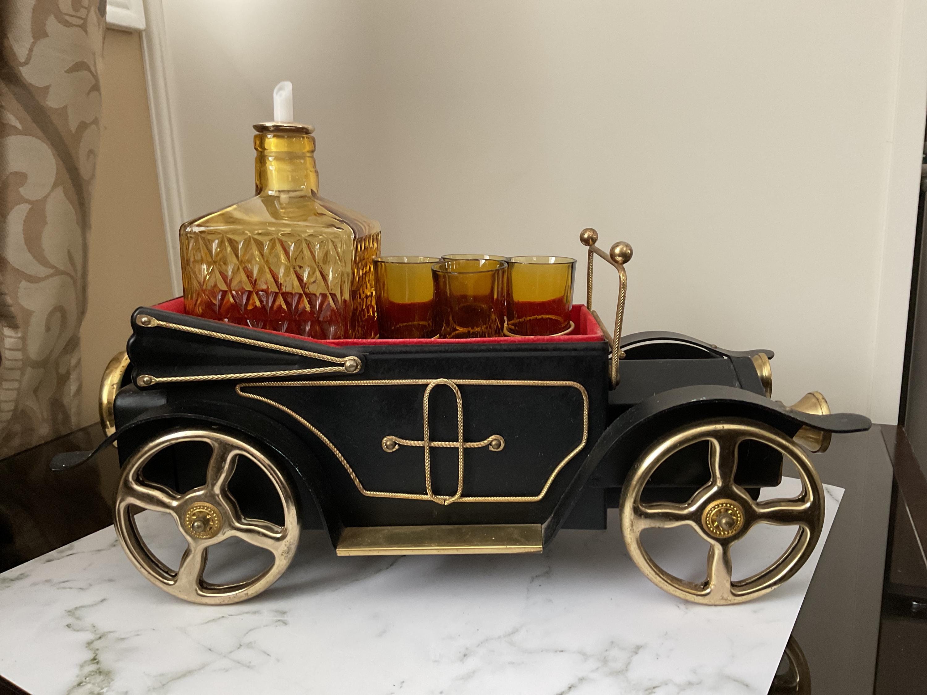 Vintage MCM Car Decanter Set With Bottle and Shot Glasses Musical