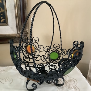 Vintage Metal Mesh Fruit Basket Spanish Scroll Iron Bowl with Handle