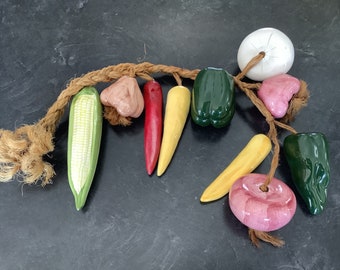 Vintage ceramic hanging vegetable jute vegetables on rope