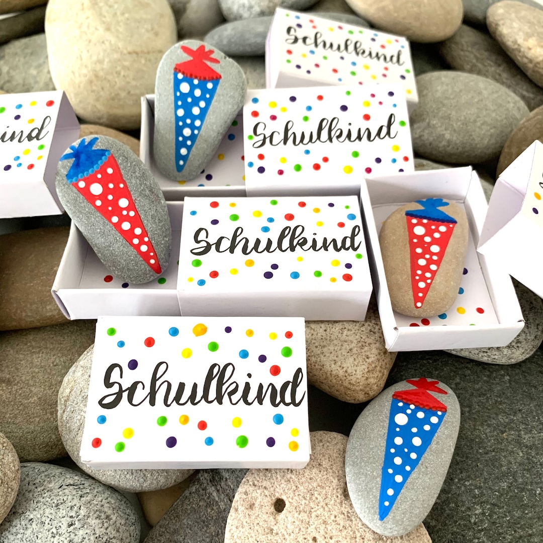 Einschulung Glückssteine Set Mit Schulranzen-Tasche | Mutstein Für Schulanfänger | Glücksbringer Blau