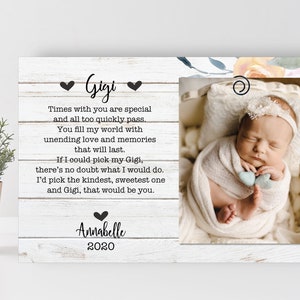 May include: A white wood sign with a floral border and a photo of a baby girl. The sign has the text "Gigi" and a poem about the baby. The poem ends with "Annabelle 2020".