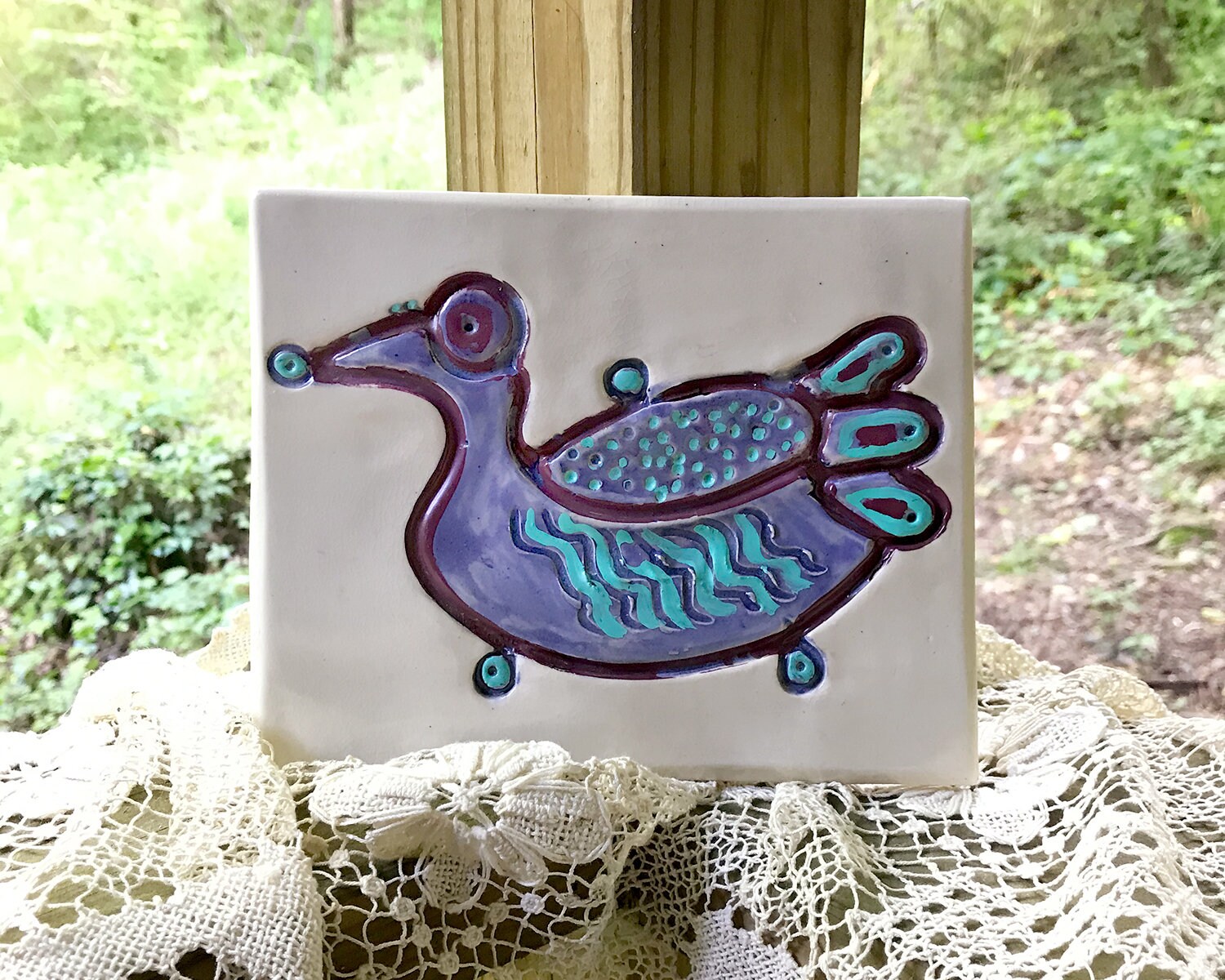 Primitive Tile Primitive Bird Tile, Art Tiles, Purple Bird Decorative Tile, Shipping ...