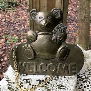 Vintage Brass Bear Welcome Sign, Teddy Bear Sign, Shipping Included