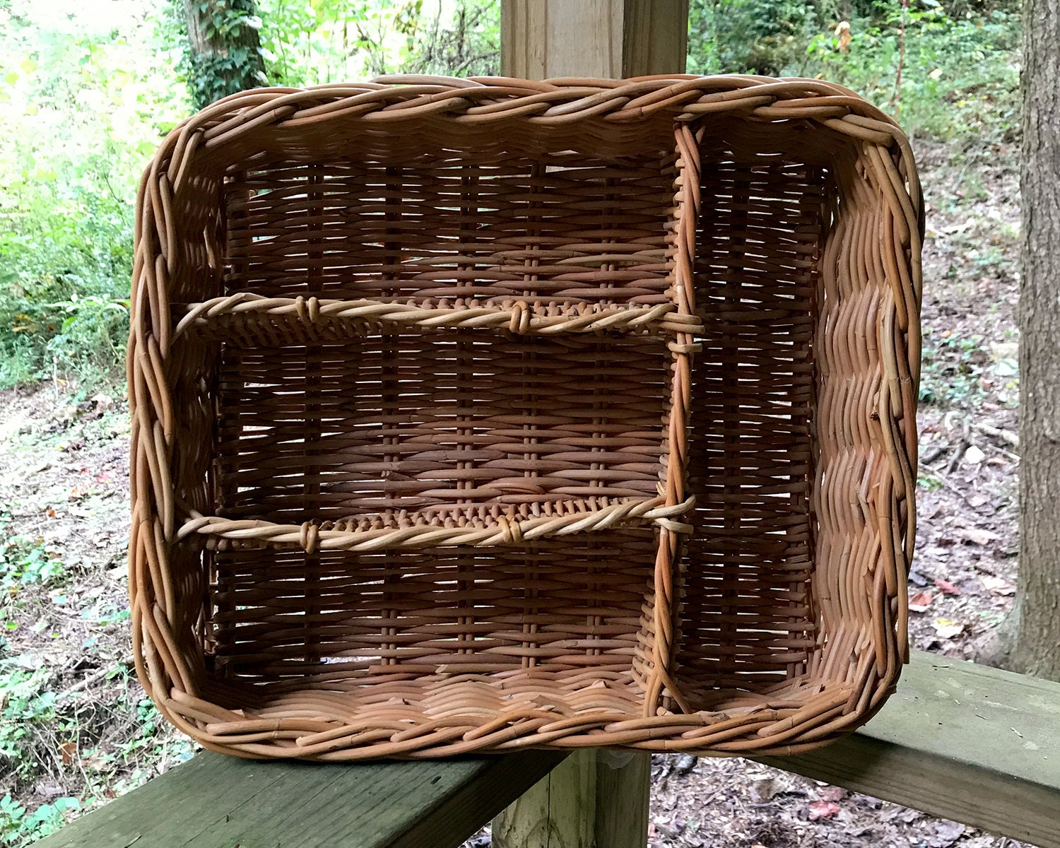Rattan Flatware Tray, Vintage Woven Wicker Utensil Basket Tray