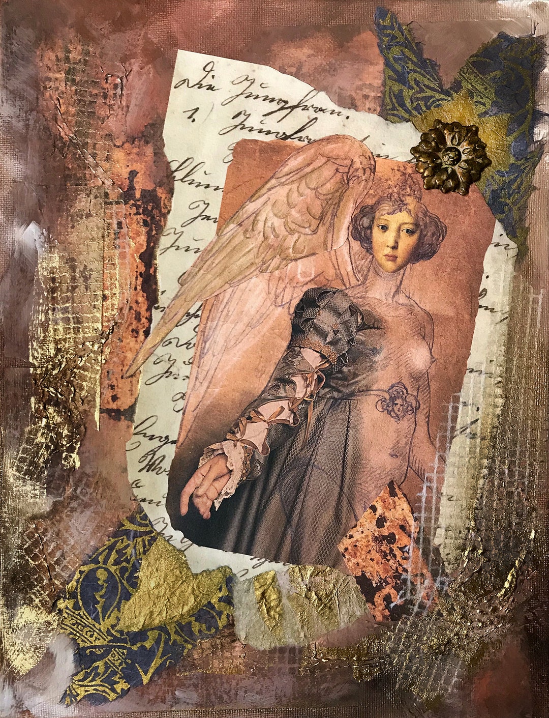 Angel Within Us Original Collage on Canvas, Mixed Media Collage 11 X 14
