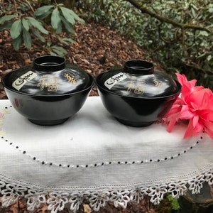 Vintage Asian Lacquer Rice Bowls, Black Rice Bowl Set, Japanese Rice Bowls