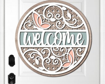 Butterfly Door Hanger SVG Laser Cut Files - Butterfly SVG - Floral Svg - Rattan SVG - Welcome Sign Svg - Front Door Sign - Glowforge Files