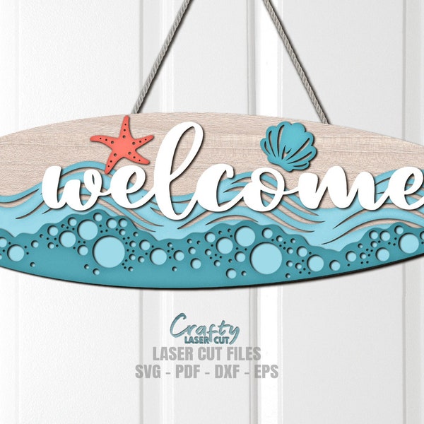 Beach Door Hanger SVG - Laser Cut Files - Surfboard SVG - Beach SVG - Welcome Sign Svg - Beach Door Sign - Starfish Svg - Glowforge Files