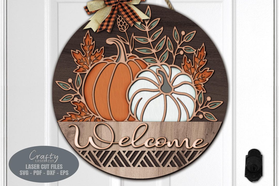 Fall Door Hanger SVG Laser Cut Files: Floral Pumpkin Welcome Sign SVG ...