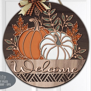 Floral Kürbis Willkommensschild SVG - Herbst Türschild SVG - Laser geschnitten Dateien - Kürbis SVG - Türschild - Blumenkorb - Glowforge Cricut