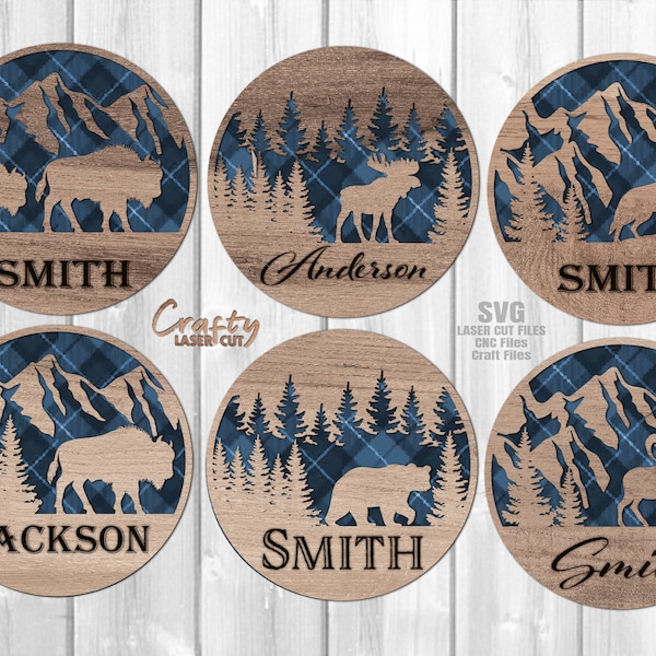 Monogram Wildlife Coaster SVG Bundle - Laser Cut Files - Buffalo SVG - Bear Silhouette - Wolf Svg - Big Horn Sheep SVG - Glowforge Files