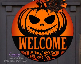 Jack O Lantern Welcome Sign SVG - Halloween Door Hanger SVG - Laser Cut Files - Jack O Lantern - Spooky Pumpkin Door Sign - Glowforge Files