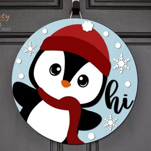 Accroche-porte pingouin SVG - fichiers découpés au laser - Noël SVG - flocon de neige - Svg de panneau de bienvenue - panneau de porte Noël - fichiers Glowforge