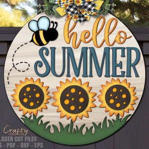 Accrocheur de porte été Bonjour SVG - tournesol SVG - panneau de bienvenue Svg - fichiers découpés au Laser - abeille - panneau floral pour porte - fichiers Glowforge