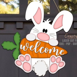 Placa de boas-vindas de coelho da Páscoa SVG - Cabide de porta de Páscoa SVG - Arquivos cortados a laser - Coelho da Páscoa Svg - Cenoura Svg - Placa de porta de Páscoa - Arquivo Glowforge