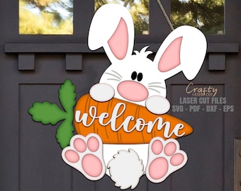 Easter Bunny Welcome Sign SVG - Easter Door Hanger SVG - Laser Cut Files - Easter Bunny Svg - Carrot Svg - Easter Door Sign - Glowforge File