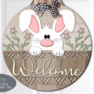 Accroche-porte Pâques SVG - lapin de Pâques SVG - fichiers découpés au laser - panneau de bienvenue SVG - panier - marguerite - Floral Pâques signe Svg - fichiers Glowforge