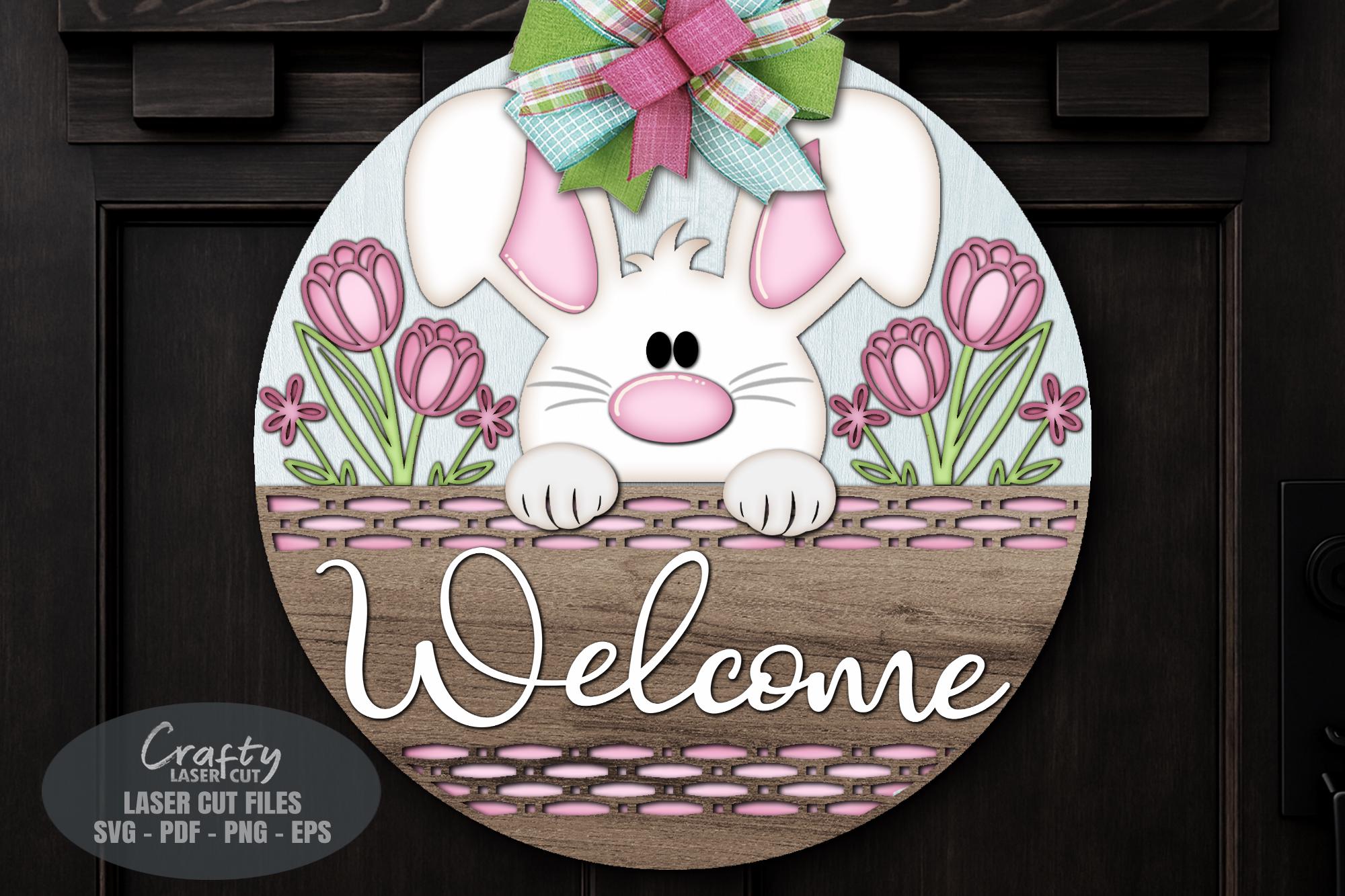 Easter Bunny Door Hanger SVG Laser Cut Files, Floral Basket Welcome ...