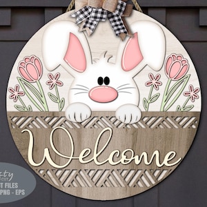 Accroche-porte lapin de Pâques SVG - Pâques SVG - panneau de bienvenue SVG - fichiers découpés au laser - panier - marguerite - tulipe - panneau floral de Pâques - Glowforge