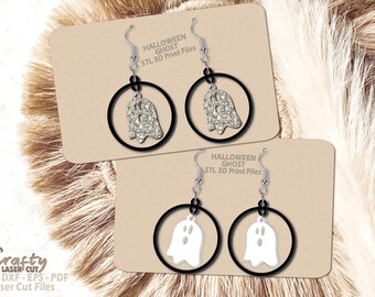 May include: Two pairs of black hoop earrings with a white or silver glitter ghost charm. The earrings are on a brown card with the text "Halloween Ghost STL 3D Print Files".