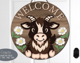 Goat Welcome Sign SVG Laser Cut Files: Floral Summer Door Hanger SVG, Glowforge