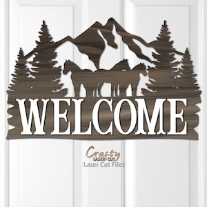 Horse Welcome Sign SVG - Horse Door Hanger SVG - Laser Cut Files - Horse SVG - Mountain Svg - Forest Svg - Horse Door Sign - Glowforge Files