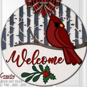 SVG per appendino natalizio per porta - SVG per cartello di benvenuto - SVG per cardinale - File tagliati al laser - SVG di Natale - Cartello invernale per porta - File Glowforge