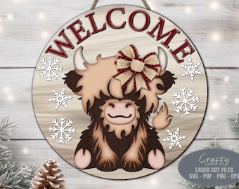 Christmas Door Hanger SVG Laser Cut Files: Highland Cow Welcome Sign SVG, Glowforge