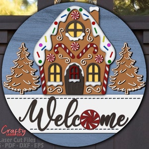 Colgador de puerta de pan de jengibre SVG - Archivos cortados con láser - Navidad SVG - Casa de pan de jengibre Svg - Signo de bienvenida Svg - Signo de puerta principal - Archivos Glowforge