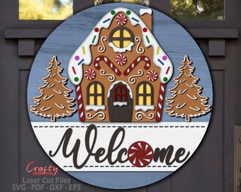 Gingerbread House Door Hanger SVG Laser Cut Files: Christmas Welcome Sign SVG