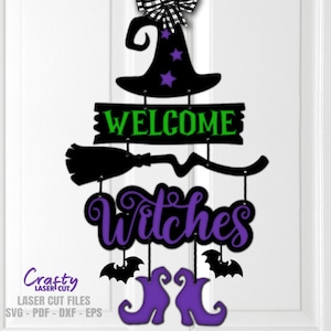 Percha de puerta de bruja SVG - Letrero de bienvenida SVG - Archivos cortados con láser - SVG de Halloween - Svg de bienvenida de brujas - Decoración de Halloween - Archivos Glowforge