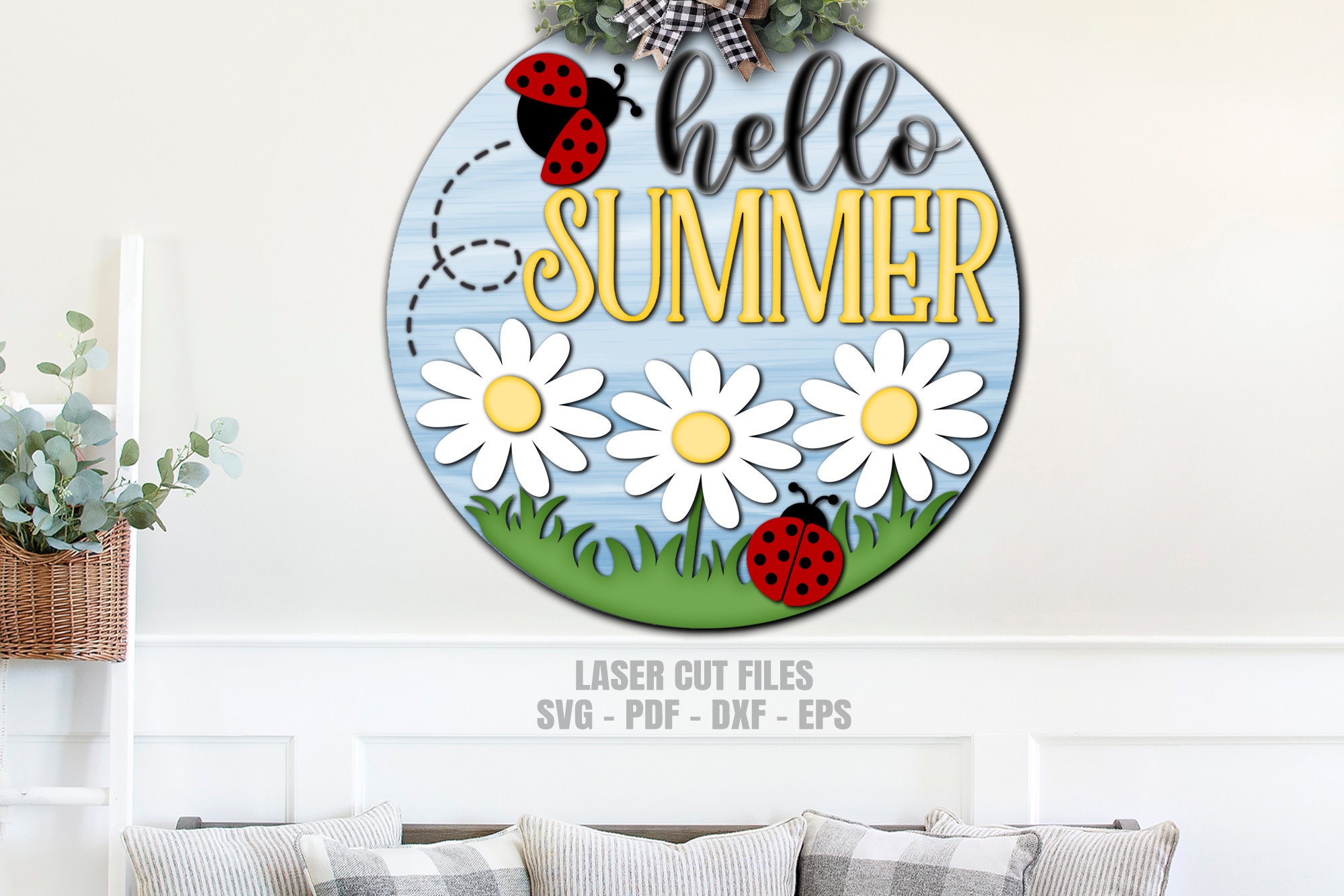 Summer Door Hanger SVG Laser Cut Files: Daisy Ladybug Welcome Sign SVG ...