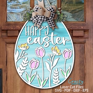 File di taglio laser in formato SVG per appendiabiti per porta di Pasqua, uovo in formato SVG, buona Pasqua in formato SVG, Svg floreale, segno di benvenuto in formato Svg, cartello per porta di Pasqua, file Glowforge