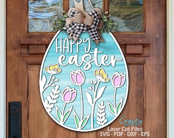 Easter Door Hanger SVG Laser Cut Files - Egg SVG - Happy Easter SVG - Floral Svg - Welcome Sign Svg - Easter Door Sign - Glowforge Files