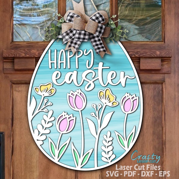 Easter Door Hanger SVG Laser Cut Files - Egg SVG - Happy Easter SVG - Floral Svg - Welcome Sign Svg - Easter Door Sign - Glowforge Files