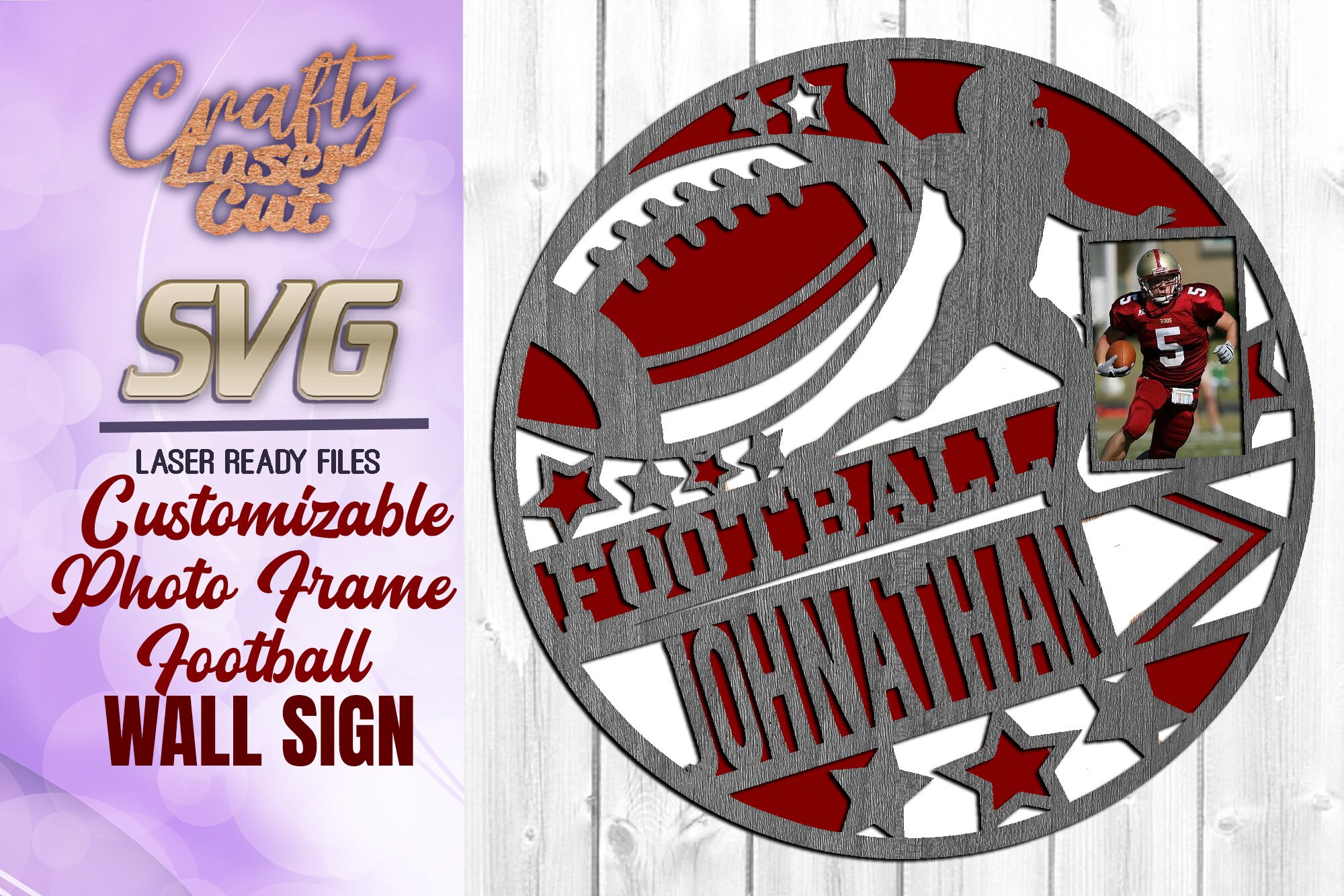 Customizable Photo Frame Football Sign SVG Glowforge Files - Personalized Football Sports Sign Laser Cut Files - Sports Monograms Cut Files