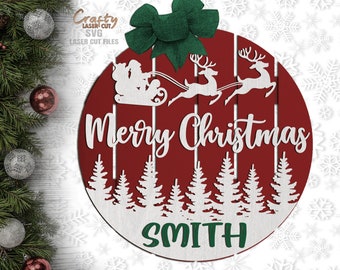 Santa Sleigh Door Hanger SVG Laser Cut Files: Christmas Welcome Sign SVG, Glowforge