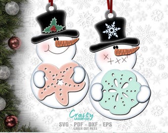 Snowman Christmas Ornament SVG Laser Cut Files: Beach Seaside SVG, Glowforge