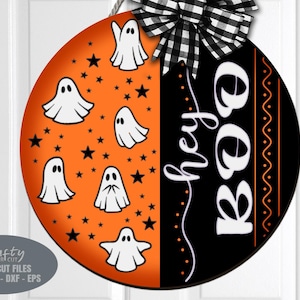 Ghost Door Hanger SVG - Hey Boo SVG - Halloween SVG - Laser Cut Files - Ghost Svg - Welcome Sign Svg - Halloween Porch Sign - Glowforge File