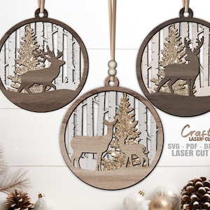 Adornos de ciervo SVG - Adornos navideños SVG - Archivos cortados con láser - SVG navideño - Svg de ciervo - Decoración navideña - Svg de bosque - Archivos Glowforge