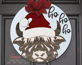 Highland Cow Door Hanger SVG Laser Cut Files: Christmas Welcome Sign SVG, Glowforge